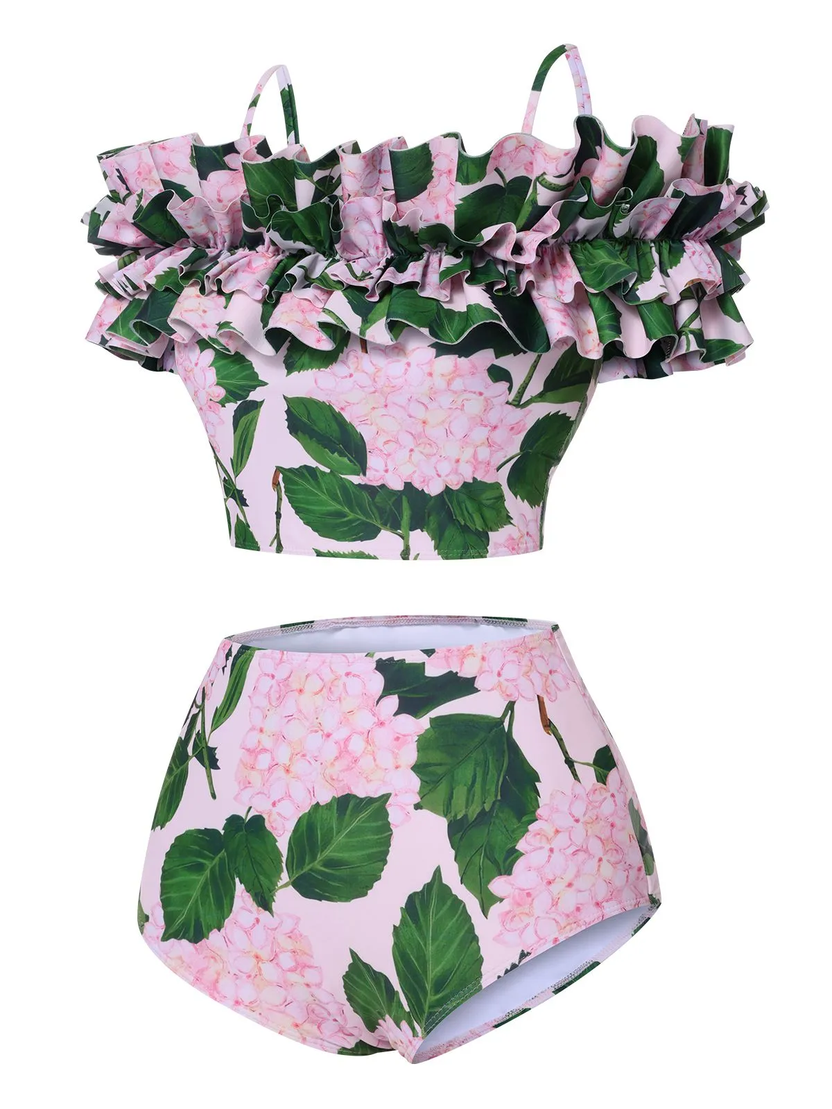 Pink 1950s Cold-Shoulder Floral Ruffle Swimsuit sold by Retro Stage product image thumbnail 2