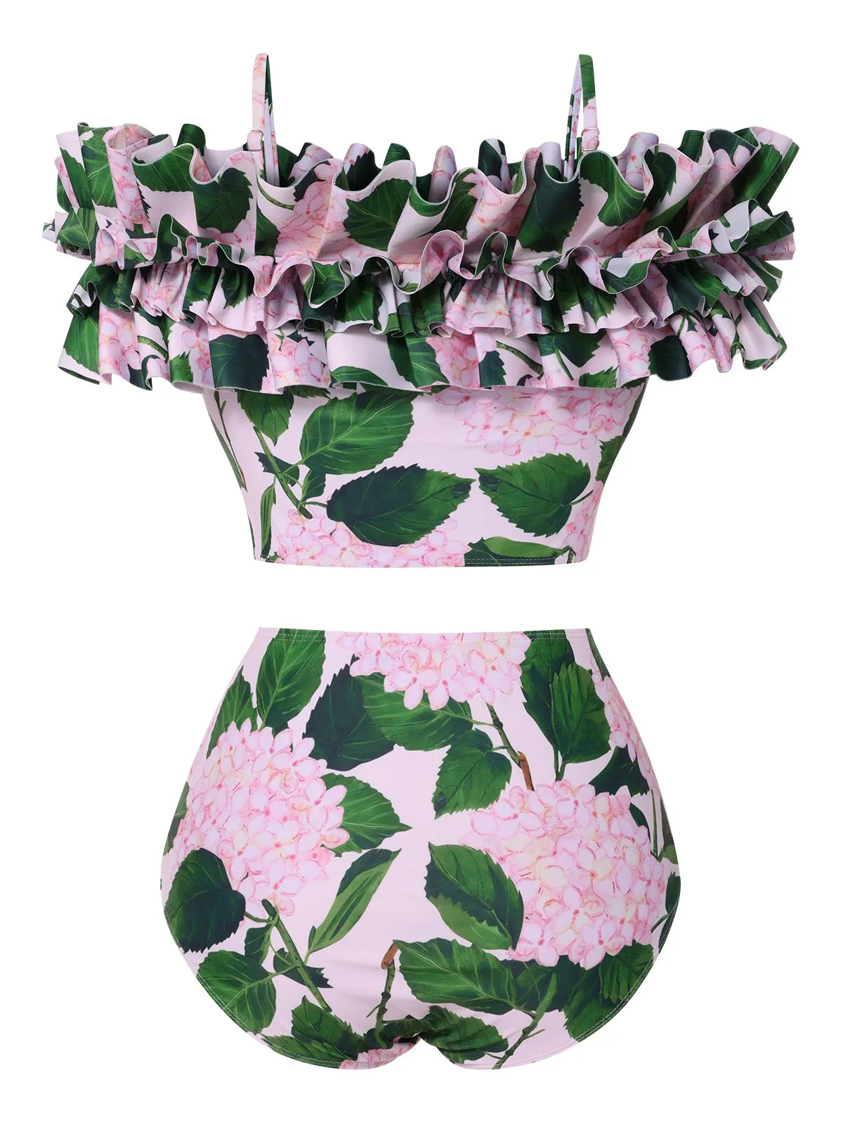 Pink 1950s Cold-Shoulder Floral Ruffle Swimsuit sold by Retro Stage product image thumbnail 3
