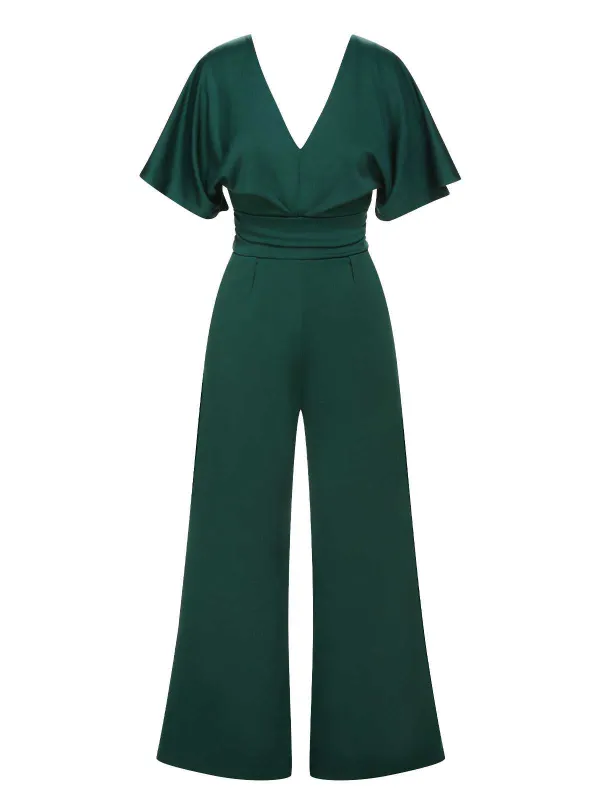 Green 1960s V-Neck High Waist Wide-Leg Jumpsuit sold by Retro Stage