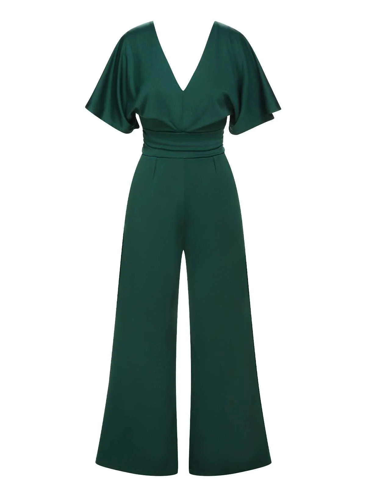 Green 1960s V-Neck High Waist Wide-Leg Jumpsuit sold by Retro Stage