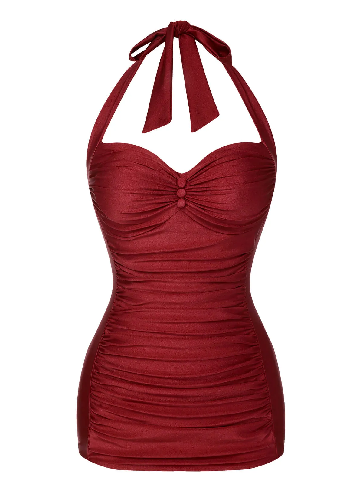 Red 1950s Solid Gathered Halter Swimsuit sold by Retro Stage