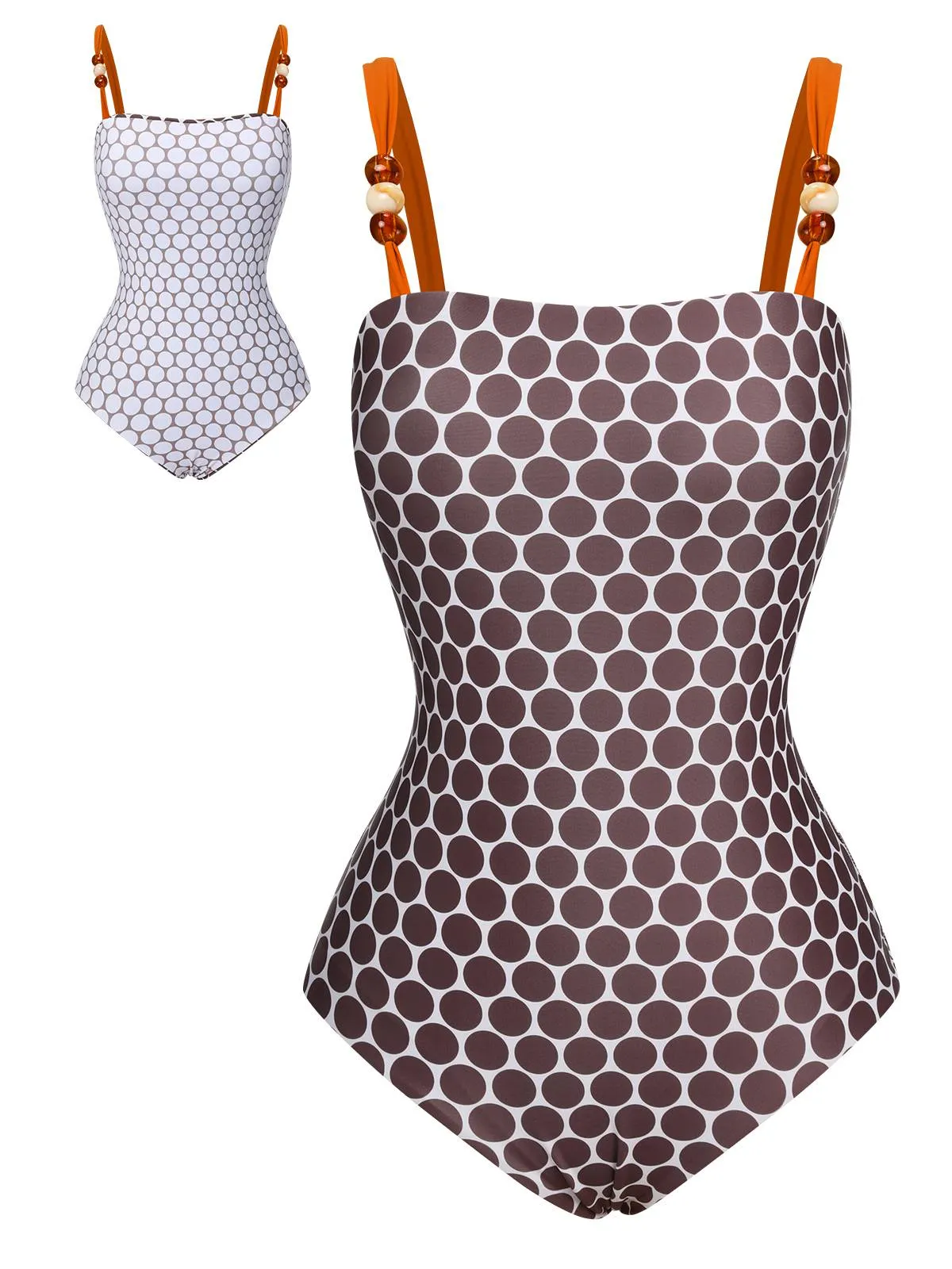 Brown 1930s Beads Straps Polka Dots Reversible Swimsuit sold by Retro Stage