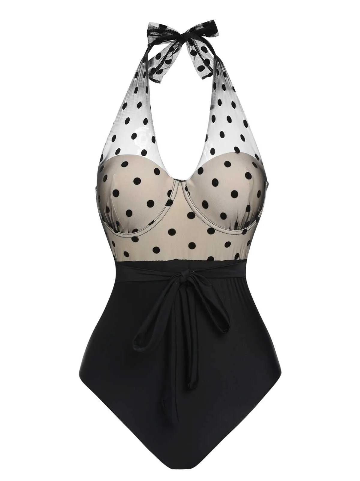 Black 1950s Halter Polka Dots Mesh Swimsuit sold by Retro Stage product image thumbnail 2
