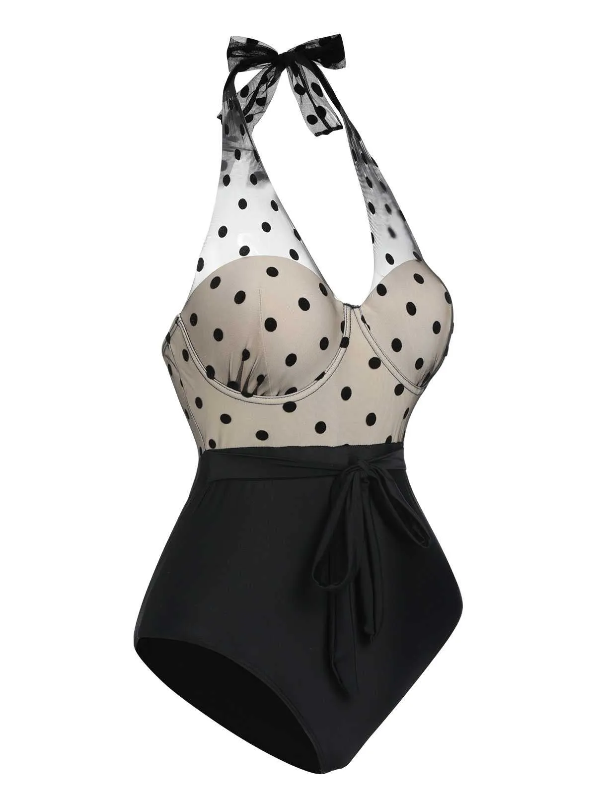 Black 1950s Halter Polka Dots Mesh Swimsuit sold by Retro Stage product image thumbnail 3