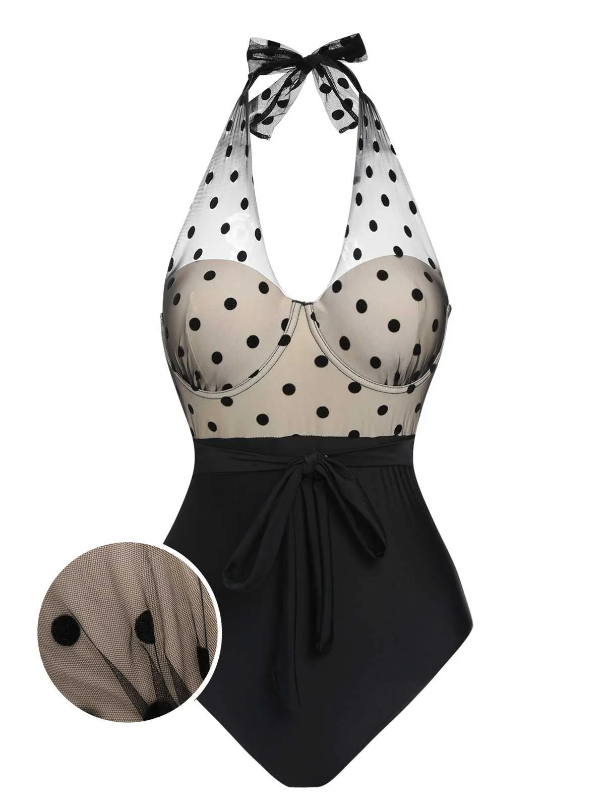 Black 1950s Halter Polka Dots Mesh Swimsuit sold by Retro Stage