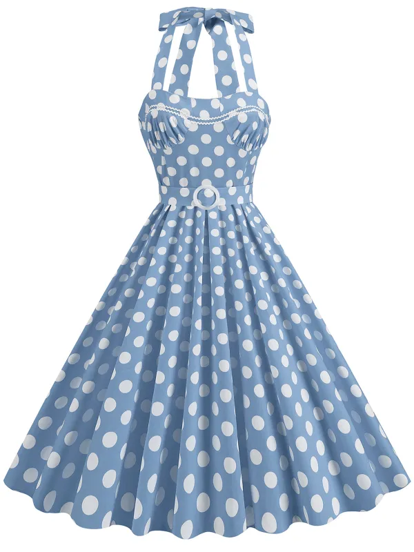 1950s Polka Dot Halter Neck Belt Dress sold by Retro Stage