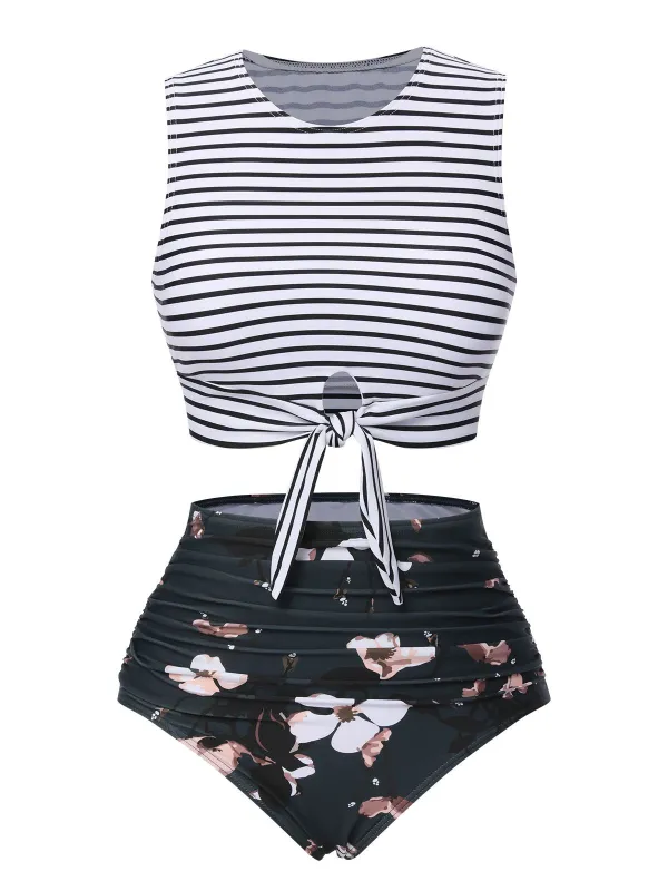 1970s Striped Waist Tie Floral Tankini Set sold by Retro Stage