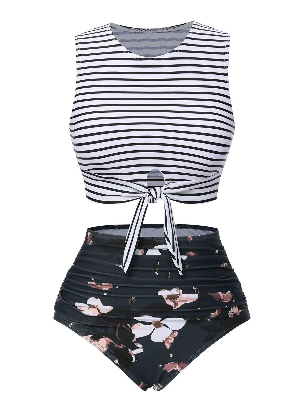 1970s Striped Waist Tie Floral Tankini Set sold by Retro Stage