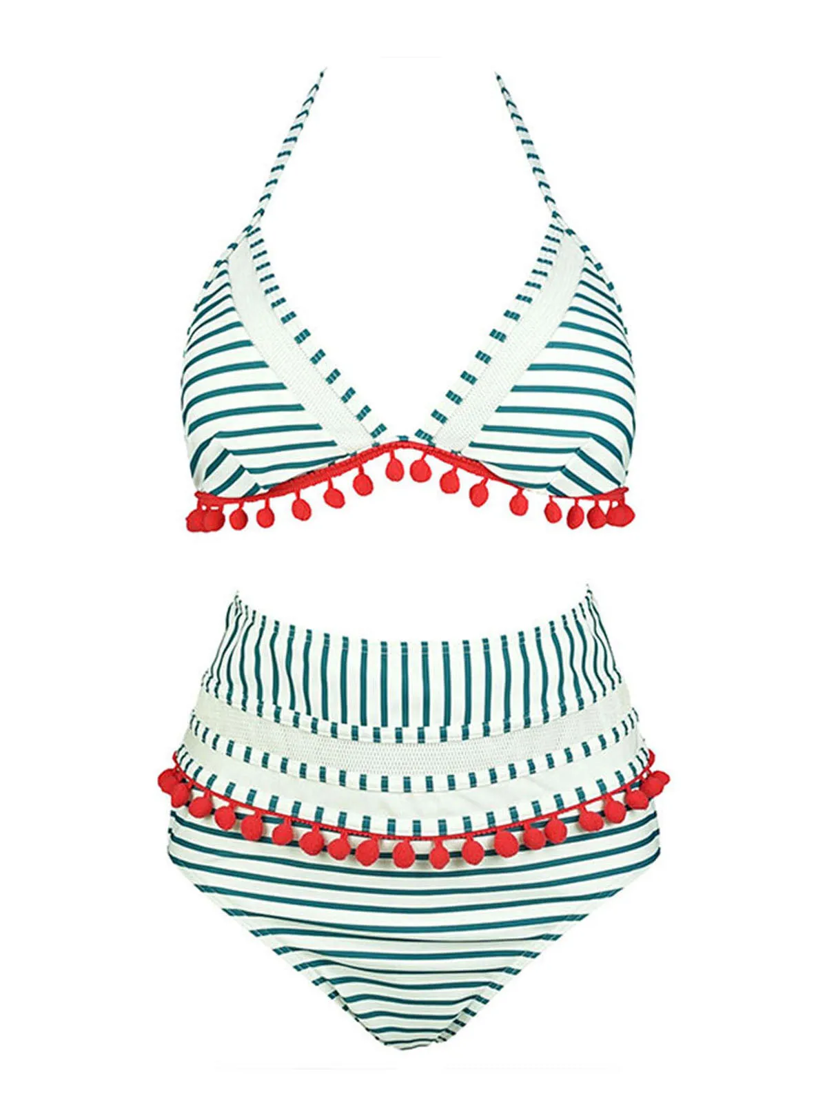 1970s Fur Ball Pendant Tassel Striped Swimsuit sold by Retro Stage product image thumbnail 4