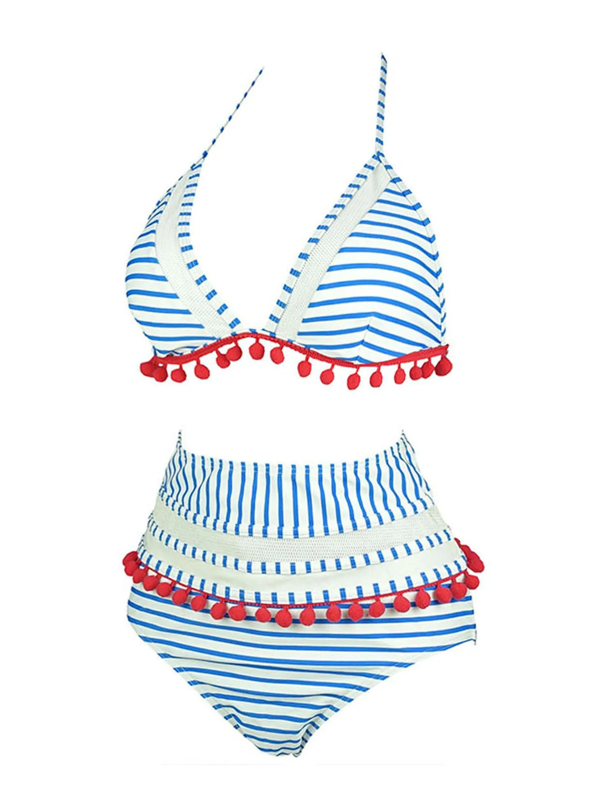 1970s Fur Ball Pendant Tassel Striped Swimsuit sold by Retro Stage product image thumbnail 2