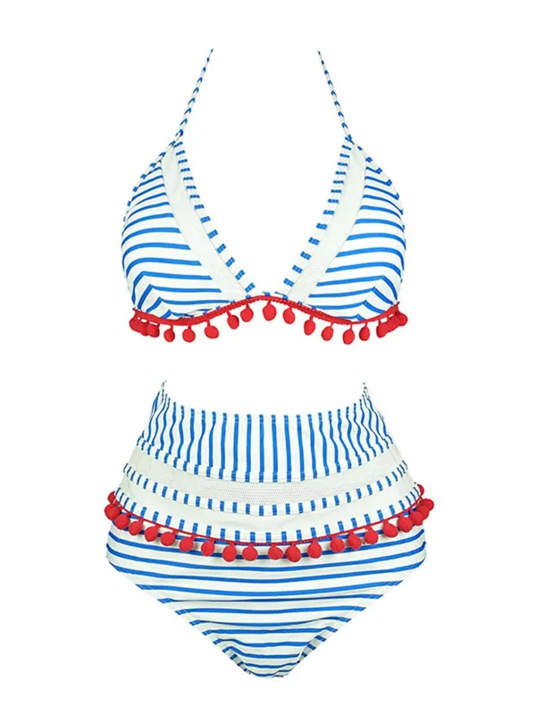 1970s Fur Ball Pendant Tassel Striped Swimsuit sold by Retro Stage