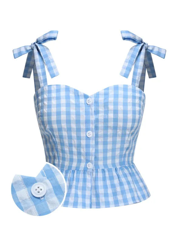 Blue 1960s Straps Plaid Ruffled Hem Tops sold by Retro Stage
