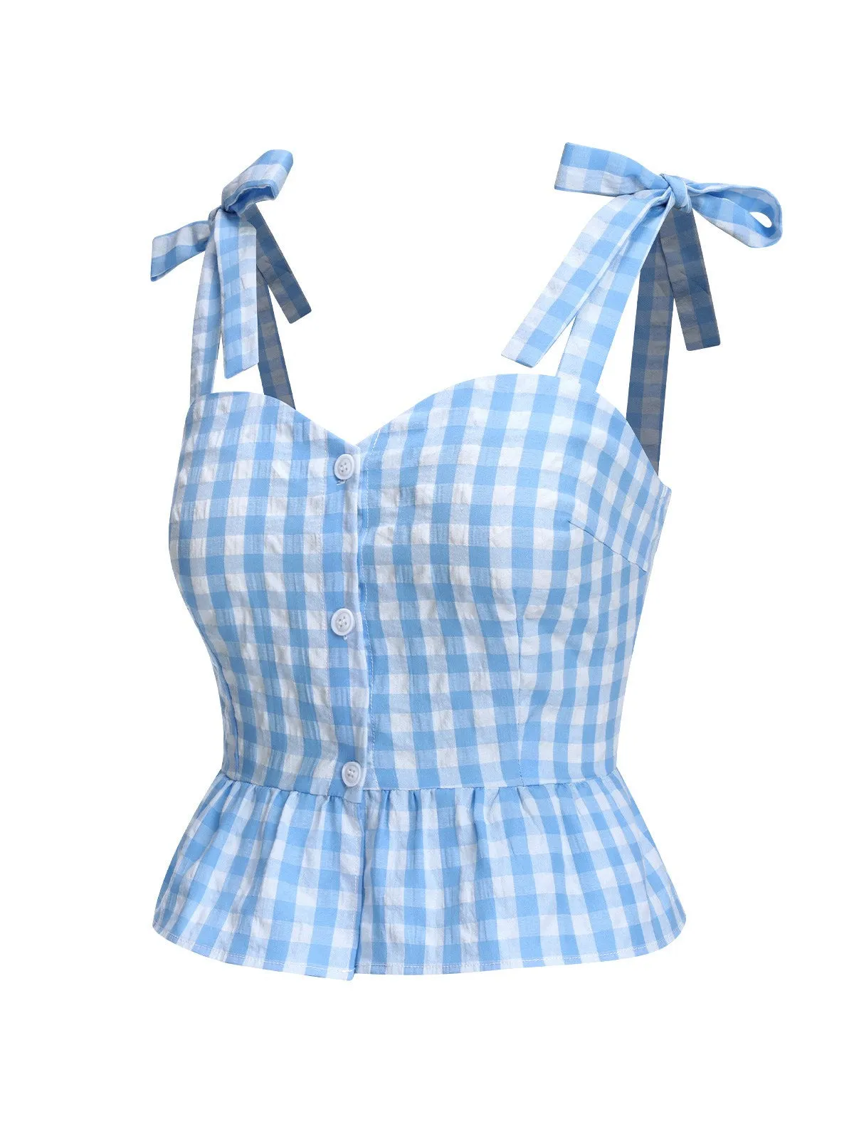 Blue 1960s Straps Plaid Ruffled Hem Tops sold by Retro Stage product image thumbnail 3