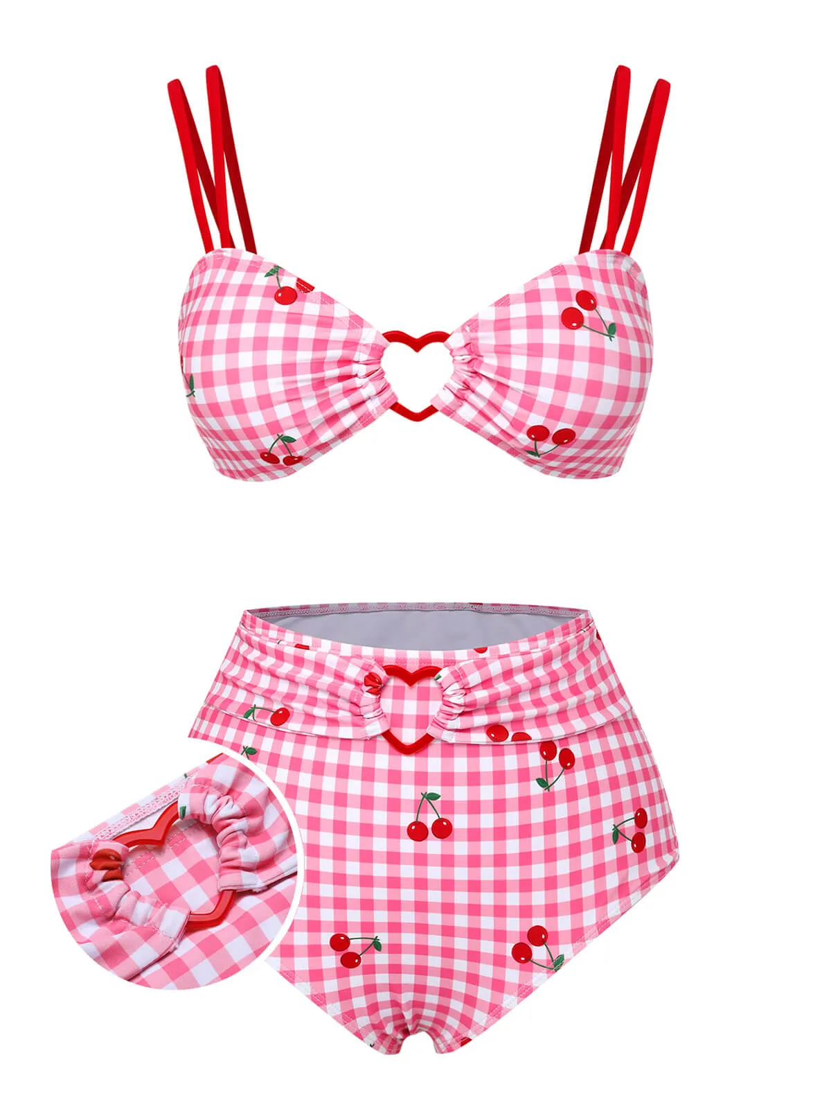 Pink 1950s Plaid & Cherry Strap Swimsuit sold by Retro Stage