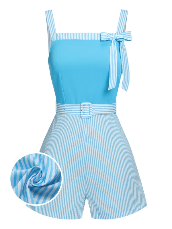 Light Blue 1940s Stripe Wide Straps Romper sold by Retro Stage