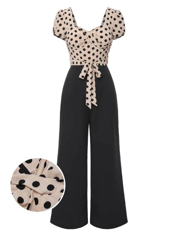 Beige 1930s Polka Dots Sweetheart Neck Jumpsuit sold by Retro Stage