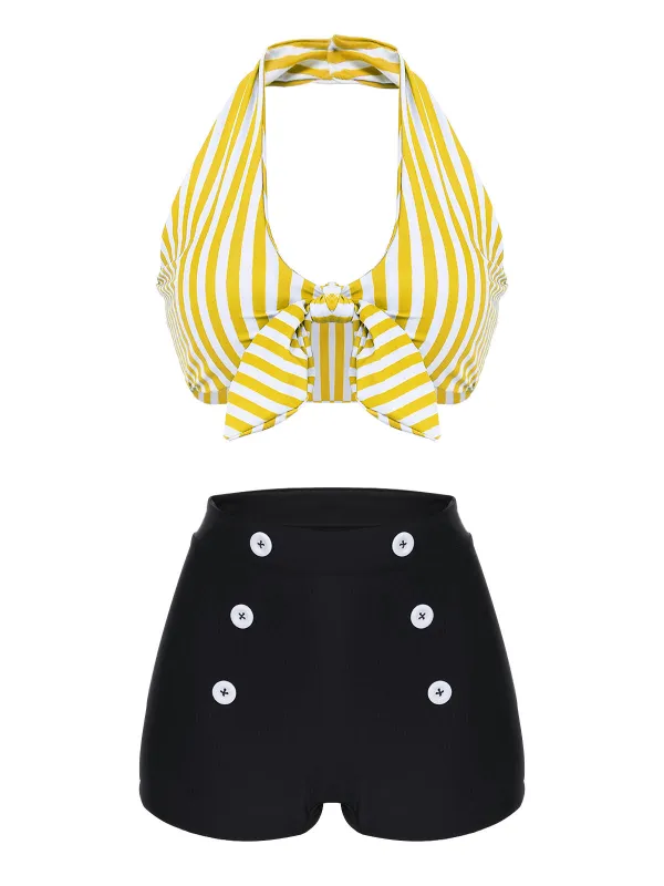 Yellow 1950s Retro Halter Stripes Bikini Set sold by Retro Stage