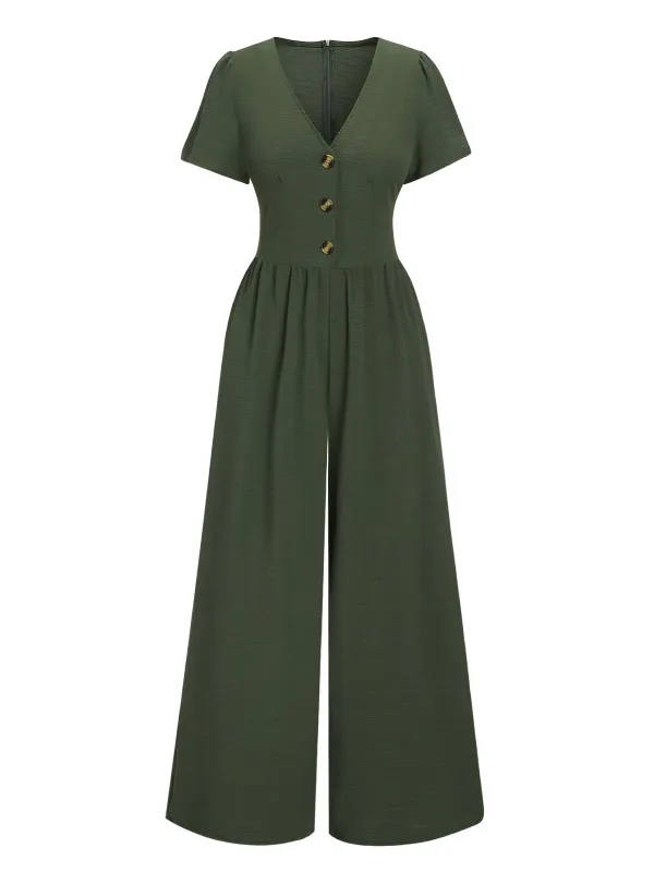 Green 1940s V-Neck Solid Jumpsuit sold by Retro Stage
