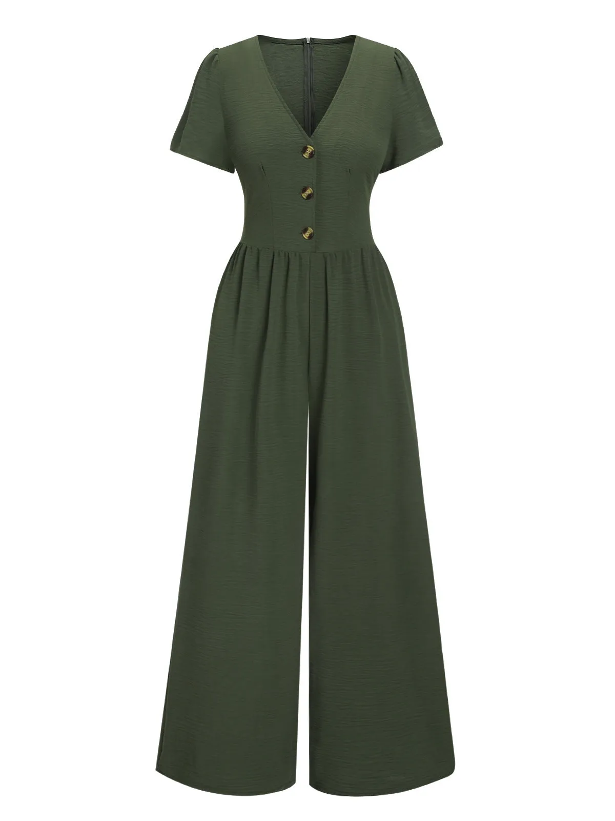 Green 1940s V-Neck Solid Jumpsuit sold by Retro Stage