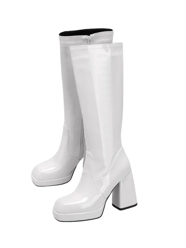 Patent Leather Round Toe Solid High Heel Boots sold by Retro Stage