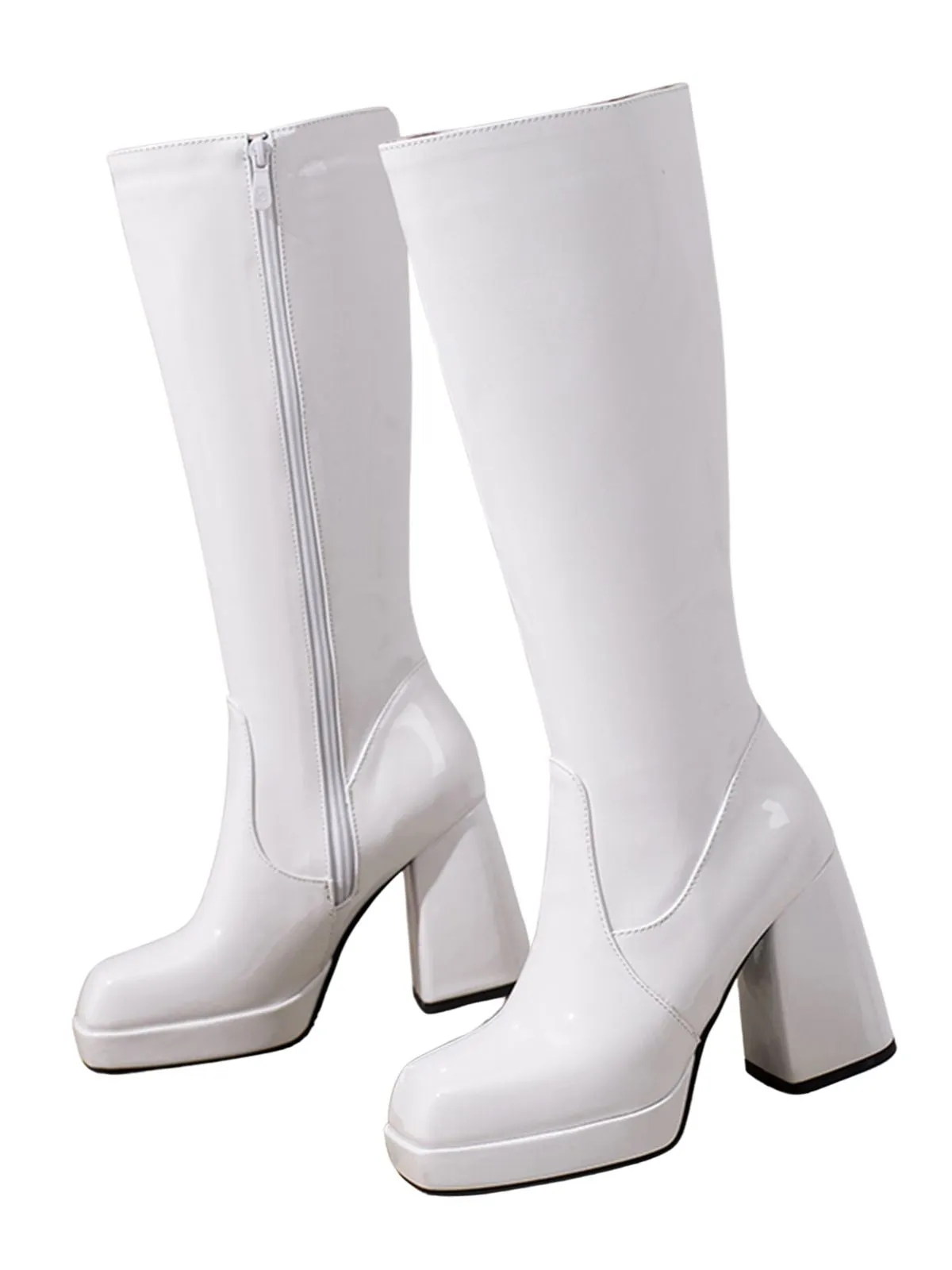 Patent Leather Round Toe Solid High Heel Boots sold by Retro Stage product image thumbnail 2