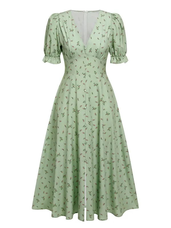 Green 1940s V-Neck Floral Lantern Sleeves Dress sold by Retro Stage
