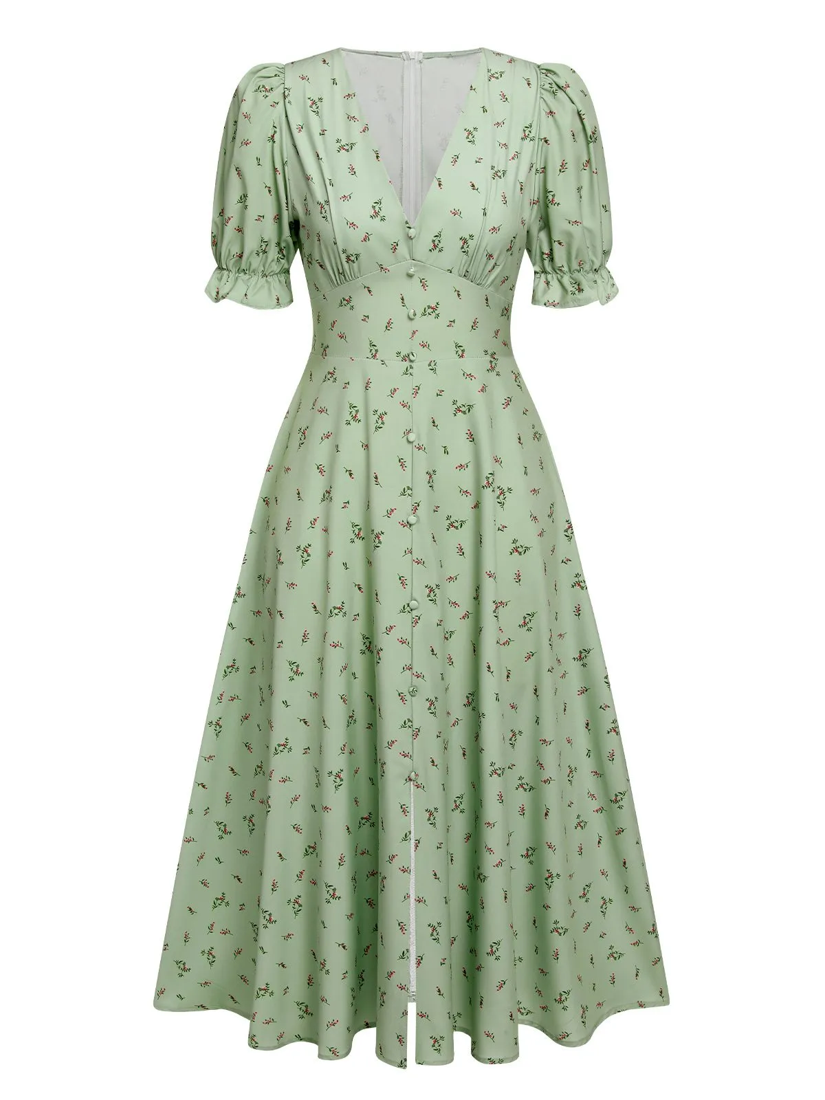 Green 1940s V-Neck Floral Lantern Sleeves Dress sold by Retro Stage