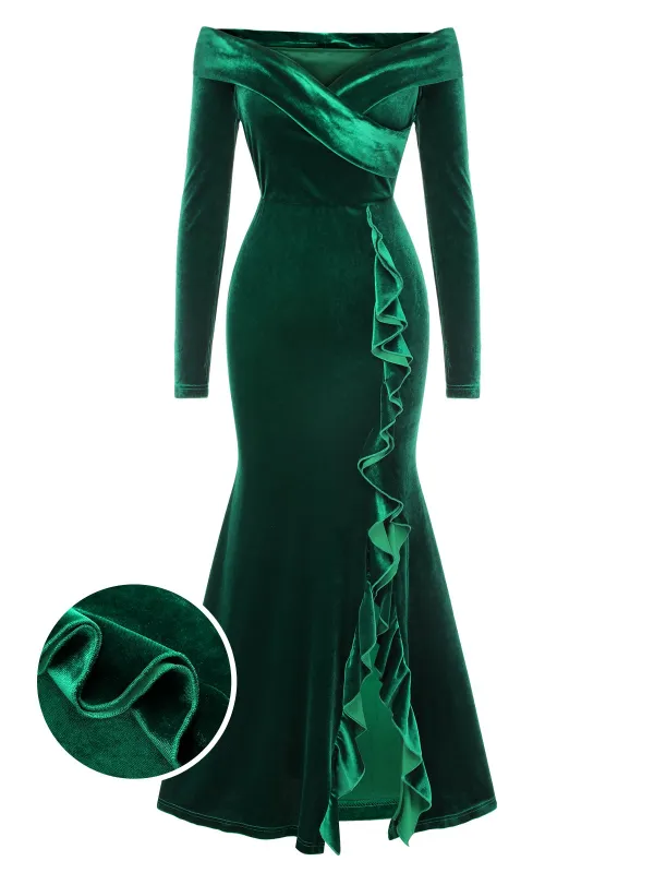 Green 1930s Velvet Off-Shoulder Ruffle-Trim Mermaid Dress sold by Retro Stage