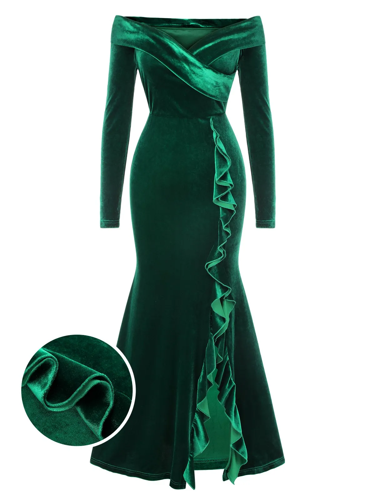 Green 1930s Velvet Off-Shoulder Ruffle-Trim Mermaid Dress sold by Retro Stage