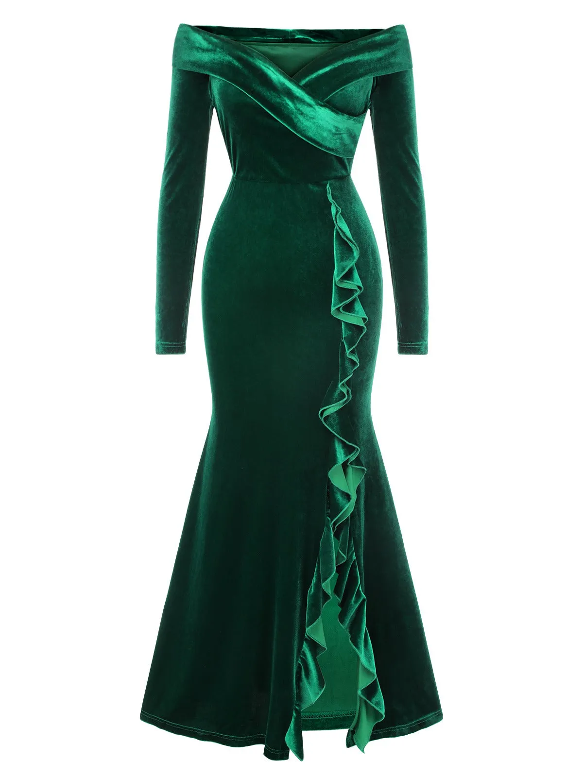 Green 1930s Velvet Off-Shoulder Ruffle-Trim Mermaid Dress sold by Retro Stage product image thumbnail 2