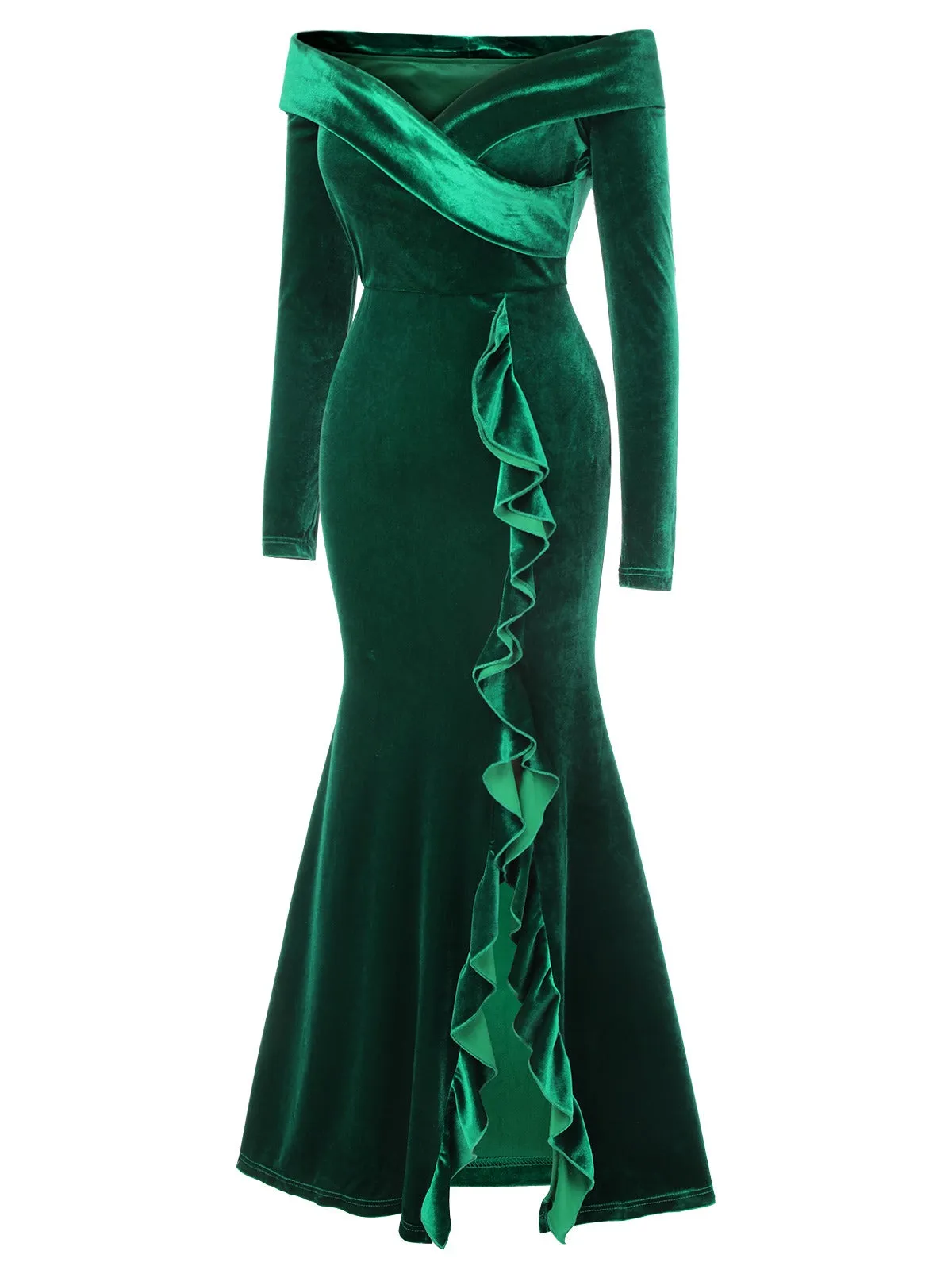 Green 1930s Velvet Off-Shoulder Ruffle-Trim Mermaid Dress sold by Retro Stage product image thumbnail 3