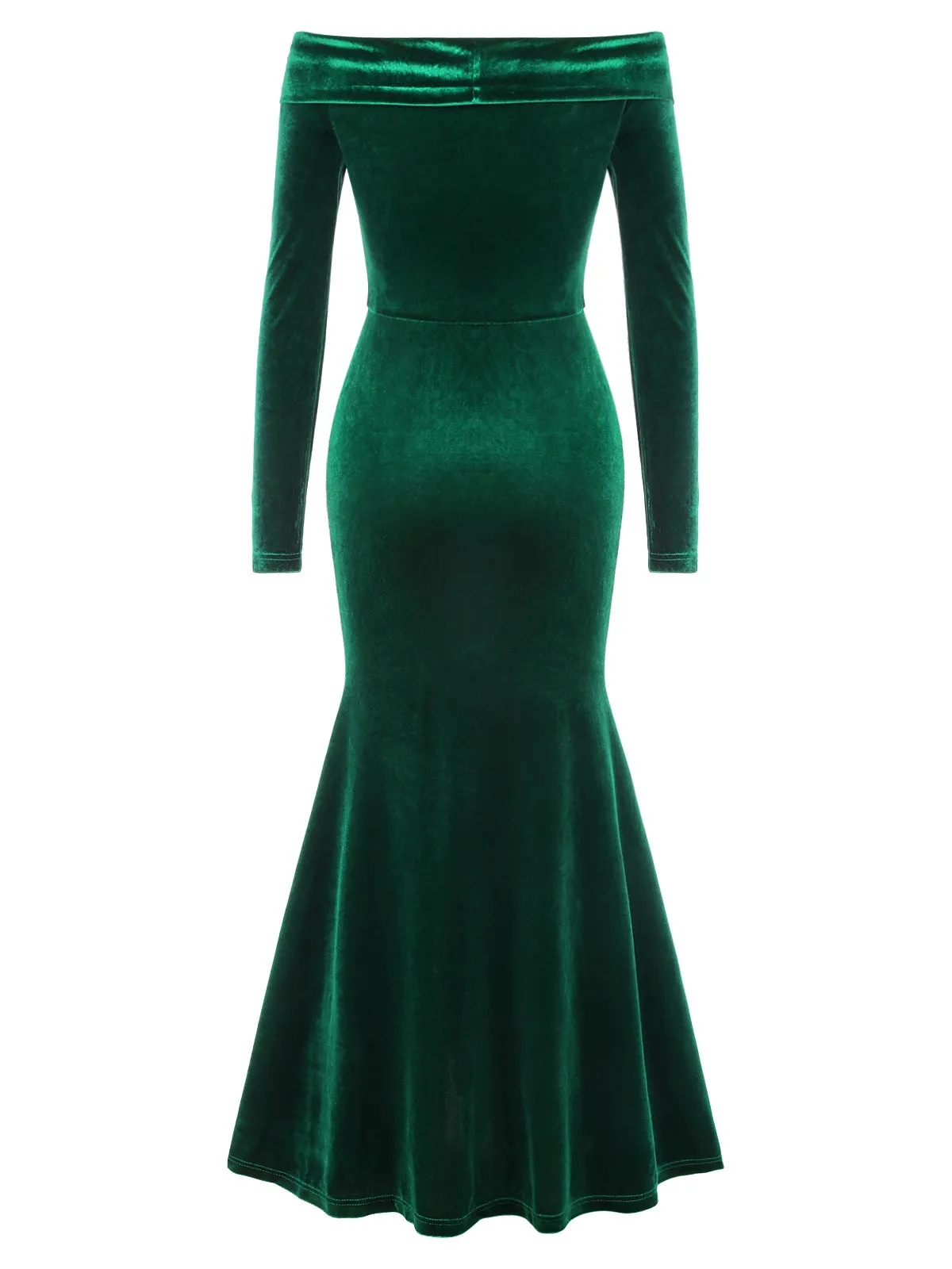Green 1930s Velvet Off-Shoulder Ruffle-Trim Mermaid Dress sold by Retro Stage product image thumbnail 4