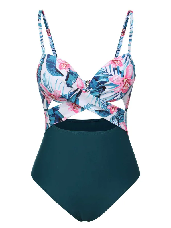 Lake Green 1930s Spaghetti Strap Floral Swimsuit sold by Retro Stage