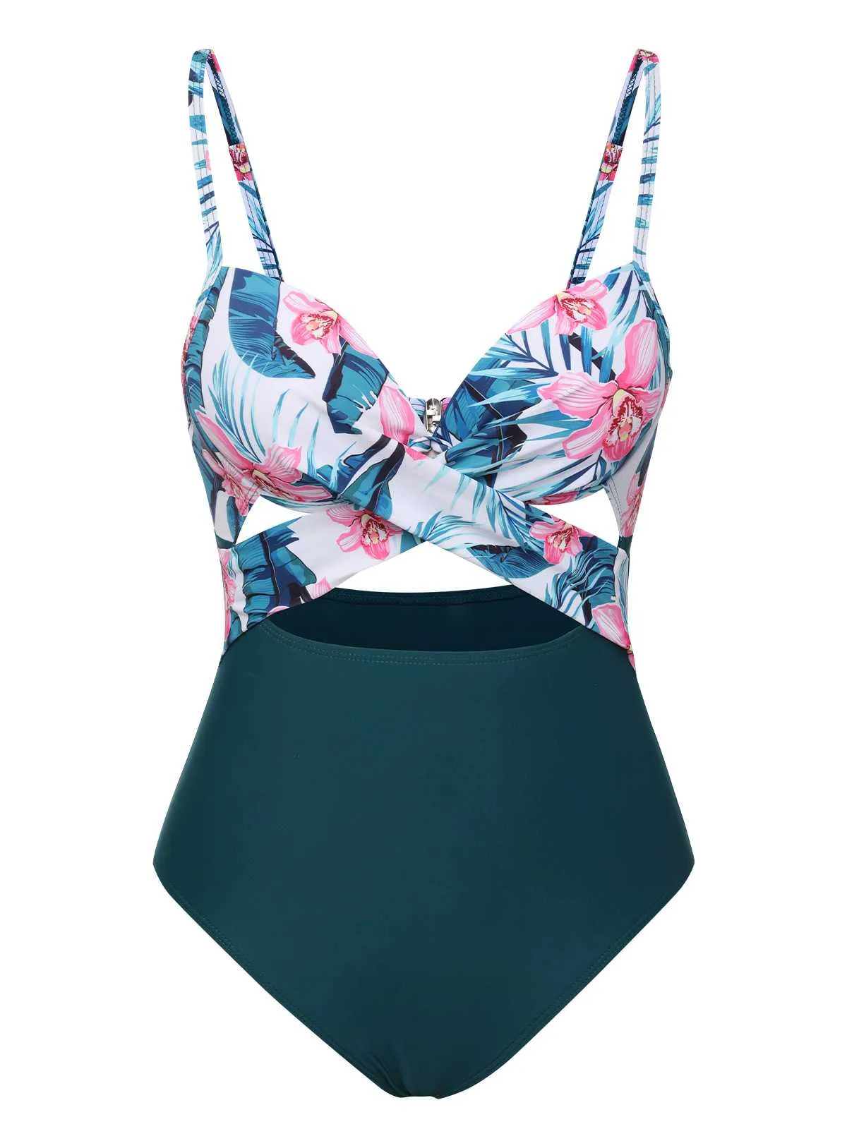 Lake Green 1930s Spaghetti Strap Floral Swimsuit sold by Retro Stage
