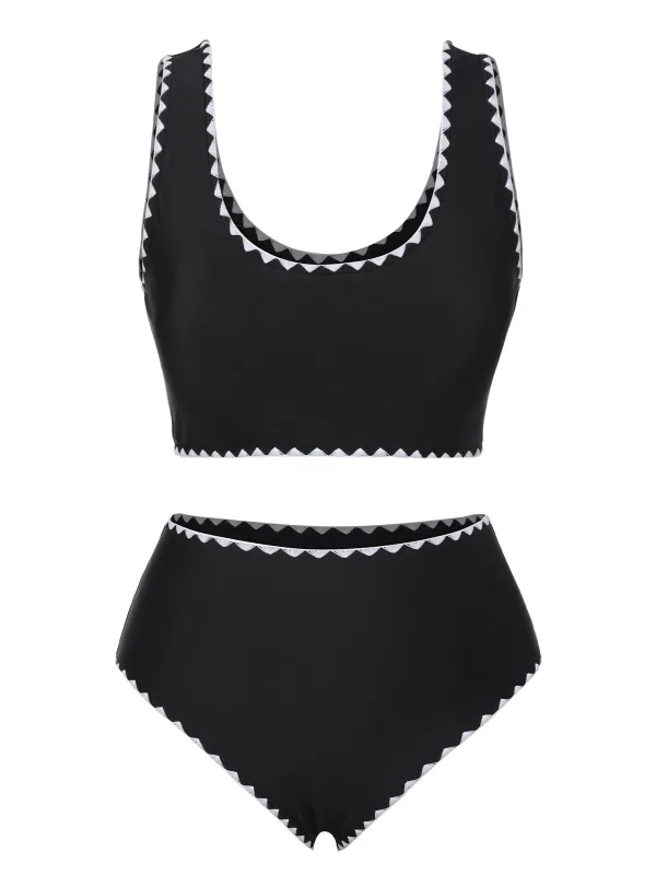 Black 1950s Solid Jagged Edge Swimsuit sold by Retro Stage