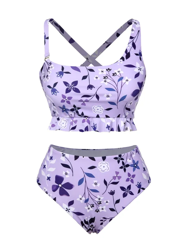 Purple 1930s Floral Irregular Shoulder Straps Swimsuit sold by Retro Stage