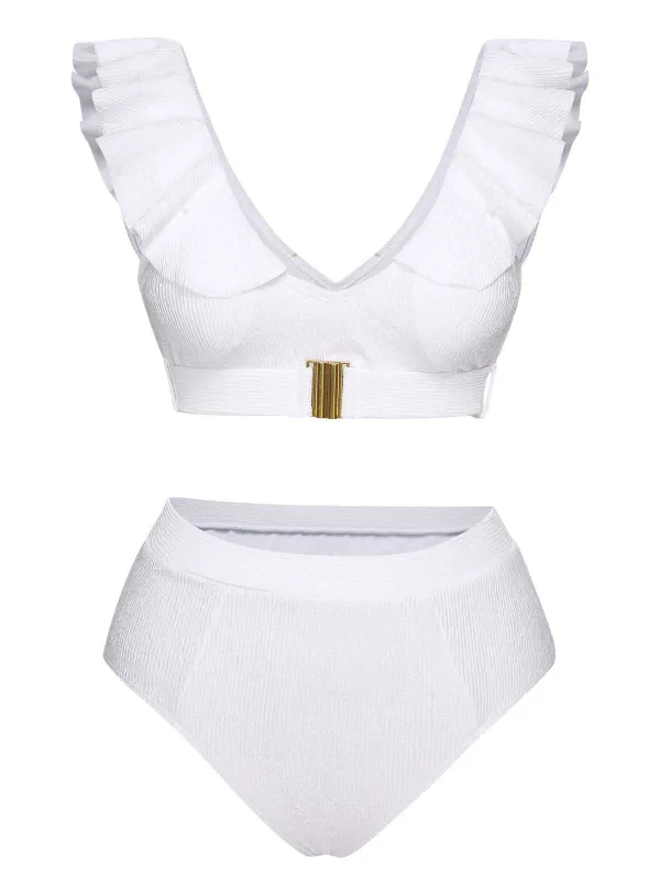 White 1950s Ruffles Solid Swimsuit sold by Retro Stage