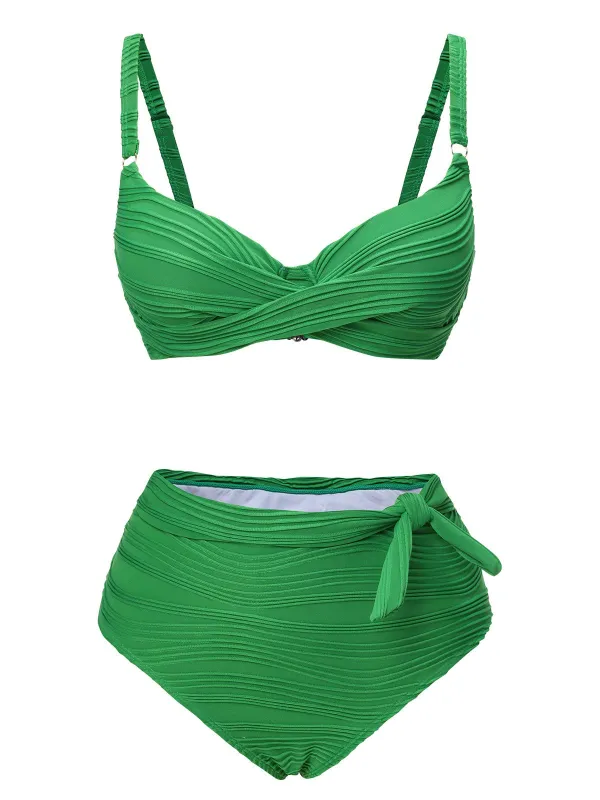 Green 1960s Pleated Solid Swimsuit sold by Retro Stage