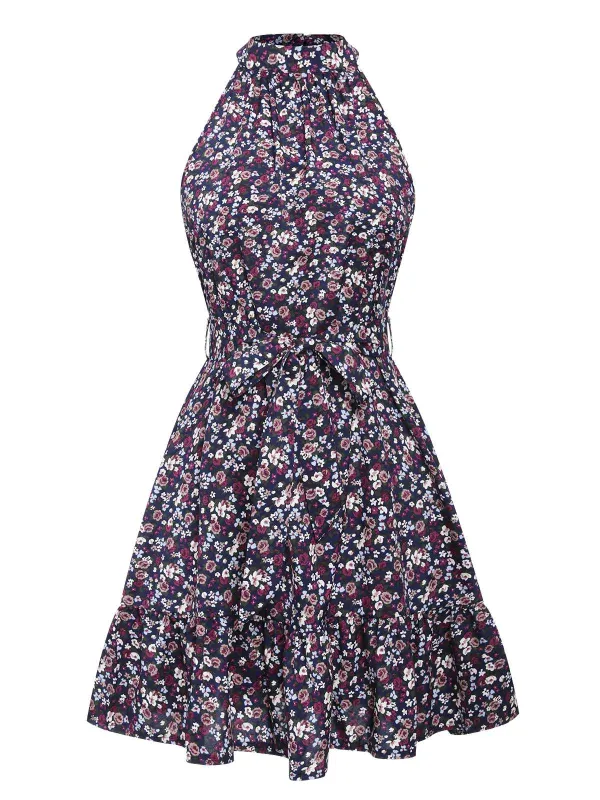 Purple 1980s Ditsy Floral Sleeveless Dress sold by Retro Stage