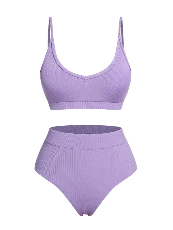 Purple 1950s Spaghetti Straps Solid Swimsuit sold by Retro Stage