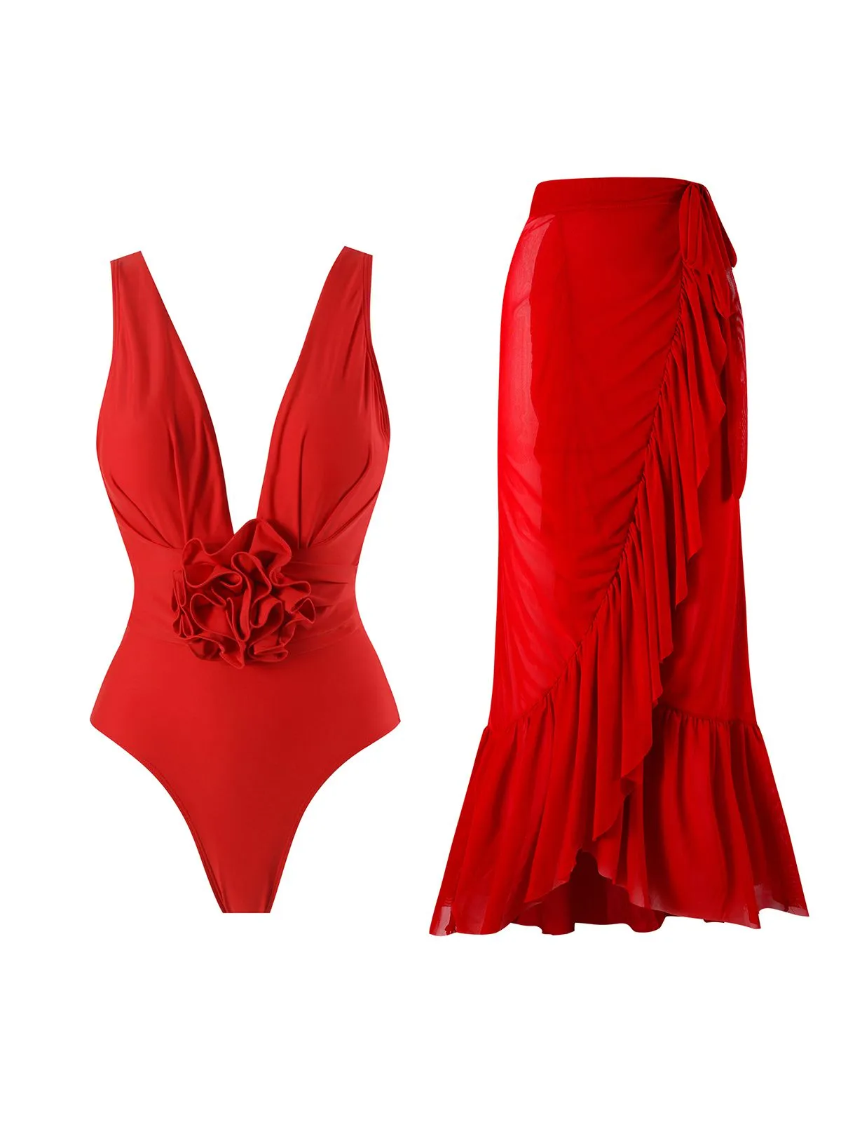 Red 1960s Solid 3D Flower Backless Swimsuit sold by Retro Stage product image thumbnail 3