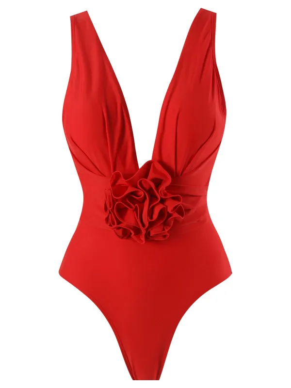 Red 1960s Solid 3D Flower Backless Swimsuit sold by Retro Stage