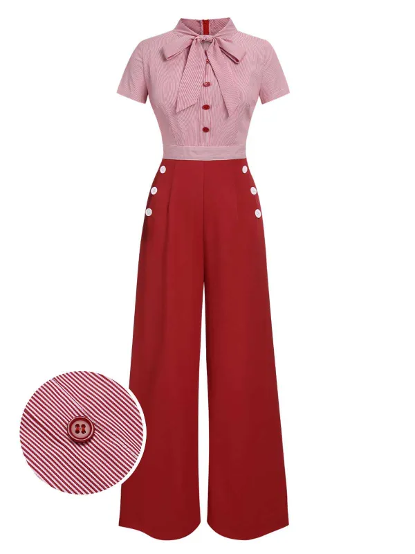 Red 1940s Tie Neck Stripes Jumpsuit sold by Retro Stage