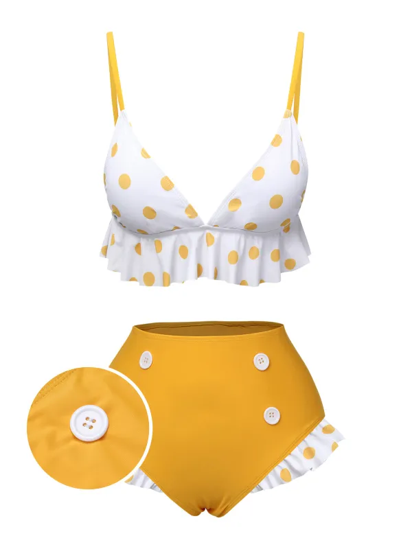 Yellow 1940s Polka Dot Ruffle Swimsuit sold by Retro Stage