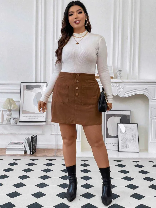 [Plus Size] Brown 1960s Pockets Solid Skirt sold by Retro Stage