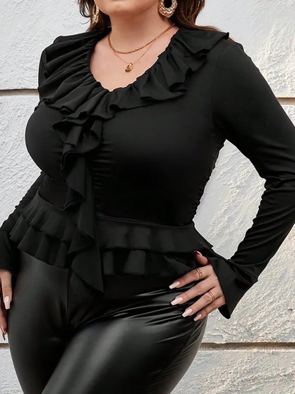 [Plus Size] Black 1950s Solid Ruffle V-Neck Blouse sold by Retro Stage