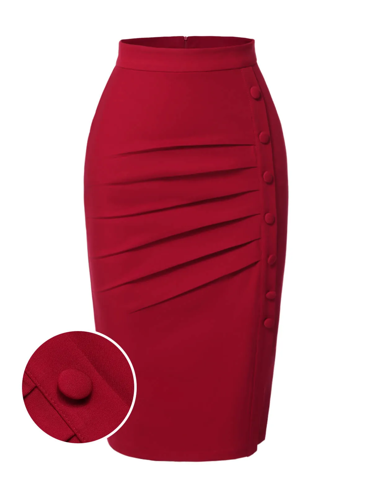 Red 1940s Pleated Button Pencil Skirt sold by Retro Stage