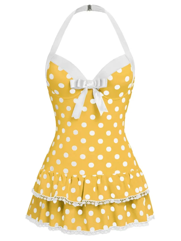 Yellow 1940s Halter Polka Dots Bow Swimsuit sold by Retro Stage