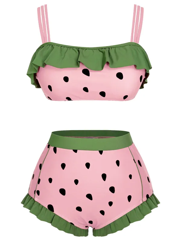 Pink 1950s Strawberry Ruffle Strap Swimsuit sold by Retro Stage