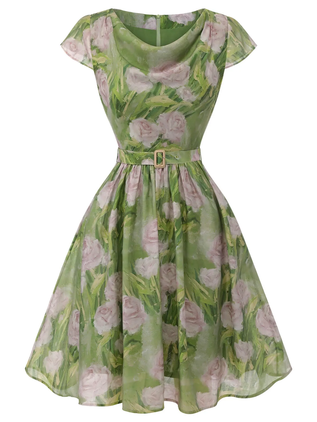 Green 1960s Oil-Painting Rose Dress sold by Retro Stage product image thumbnail 4